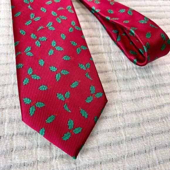 John Ashford Mens Red Poinsettia Leaf Christmas Polyester Hand‎ Made Neck Tie OS - Picture 1 of 4